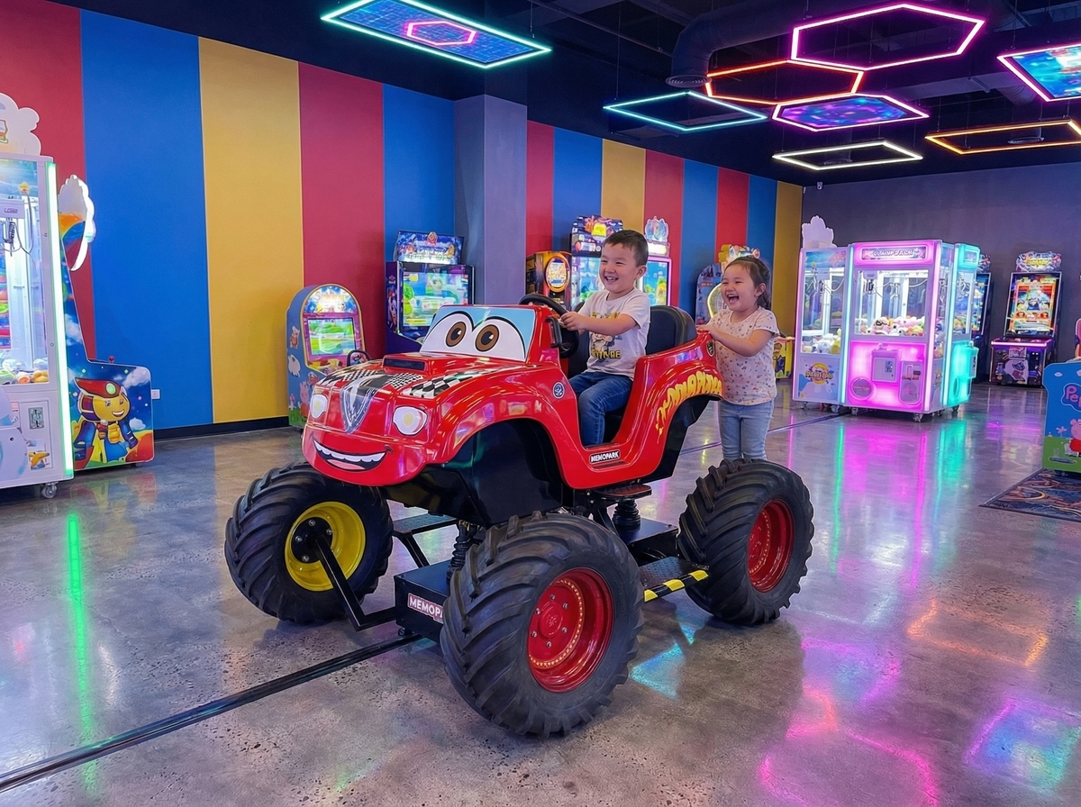 Bambini su un'attrazione Memopark in una sala giochi