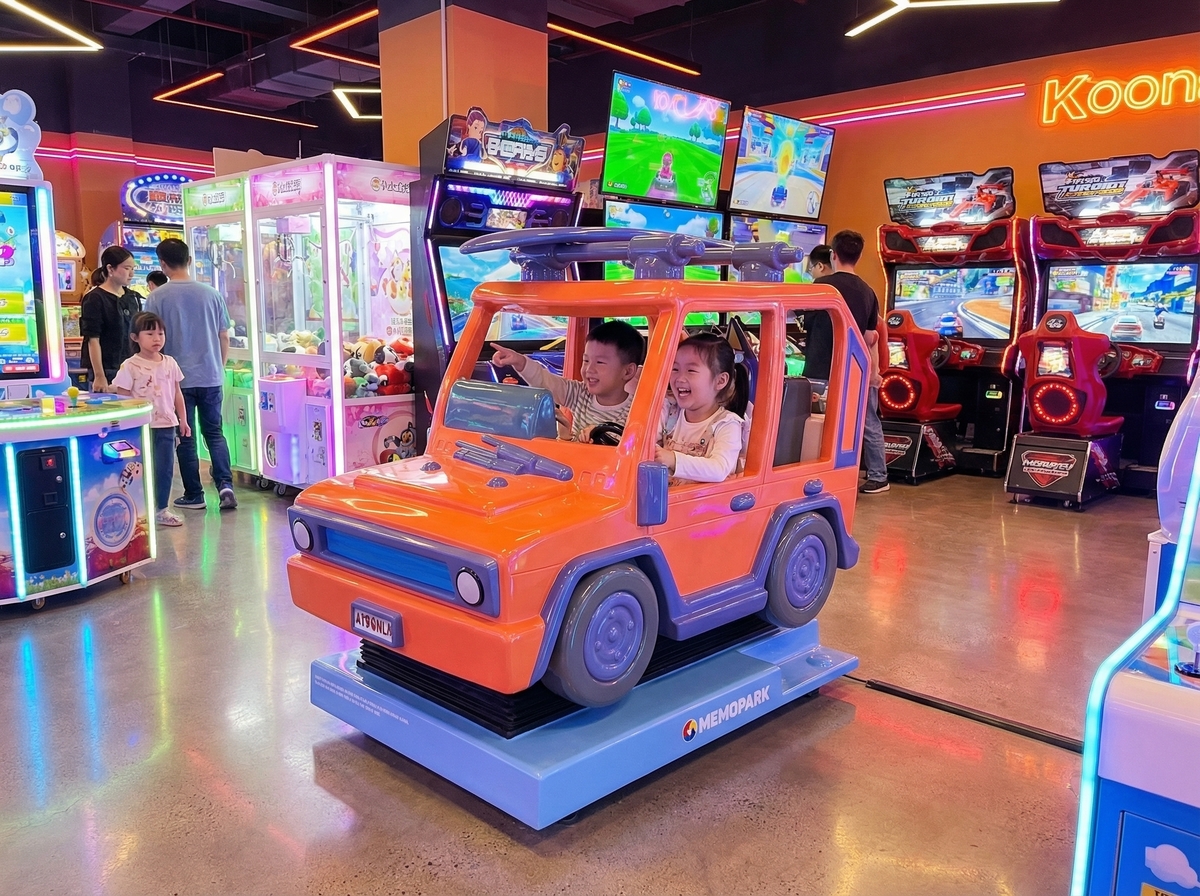 Due bambini a bordo di un'attrazione Memopark